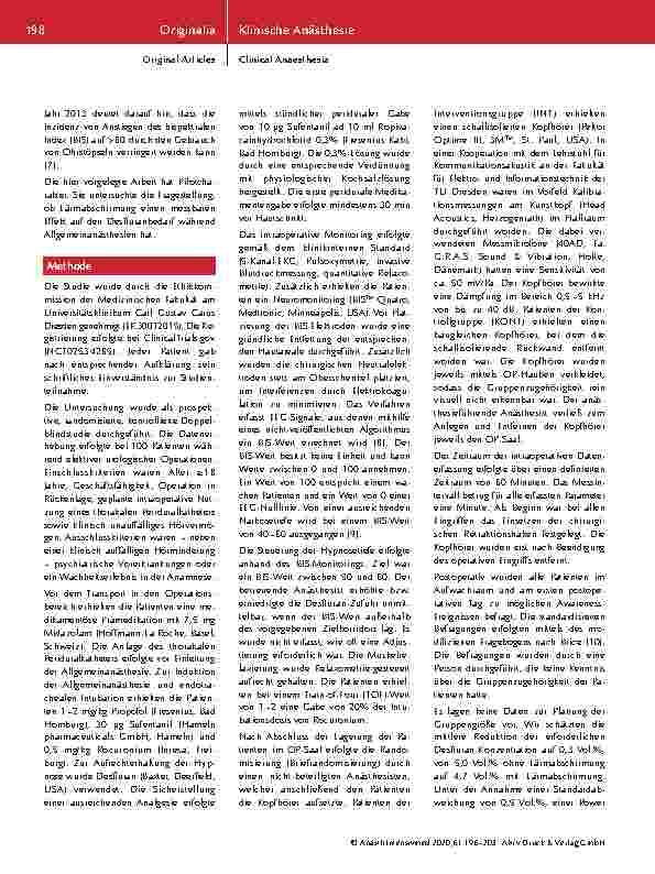 Vorschauseite 3: Lärmabschirmung senkt nicht den Desfluranbedarf während Allgemeinanästhesien, führt aber zu einer Verminderung von BIS-Werten > 60.