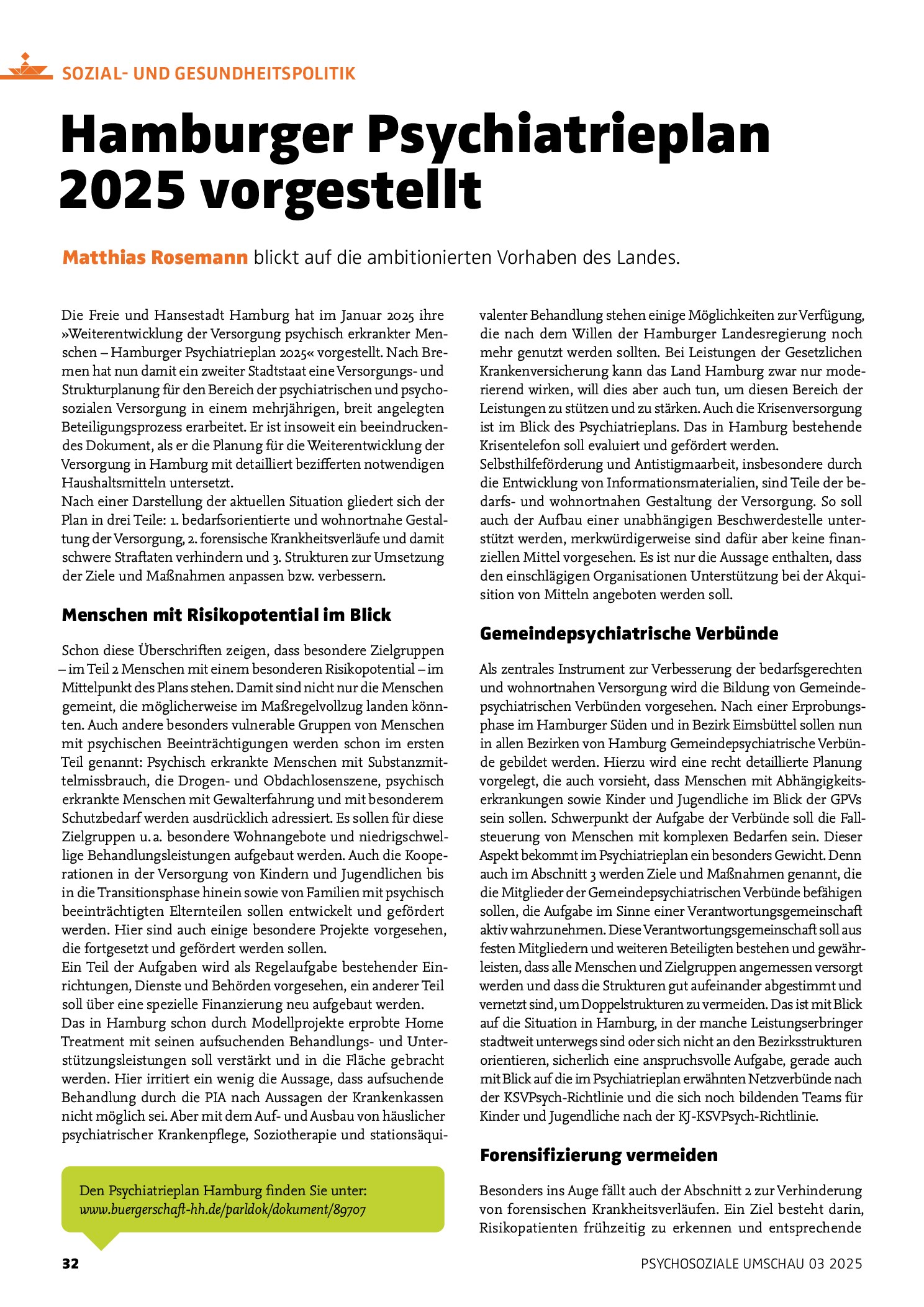 Vorschauseite 1: Hamburger Psychiatrieplan 2025 vorgestellt