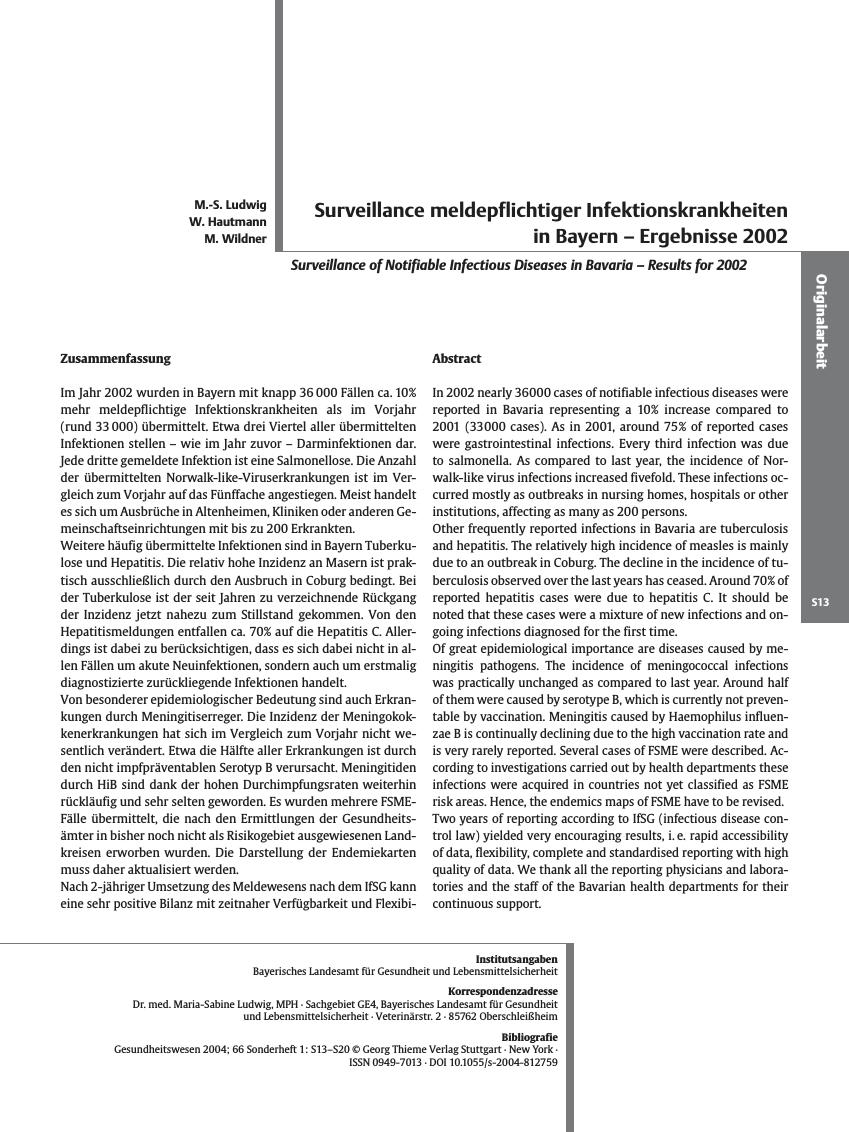 Vorschauseite 1: Surveillance meldepflichtiger Infektionskrankheiten in Bayern - Ergebnisse 2002