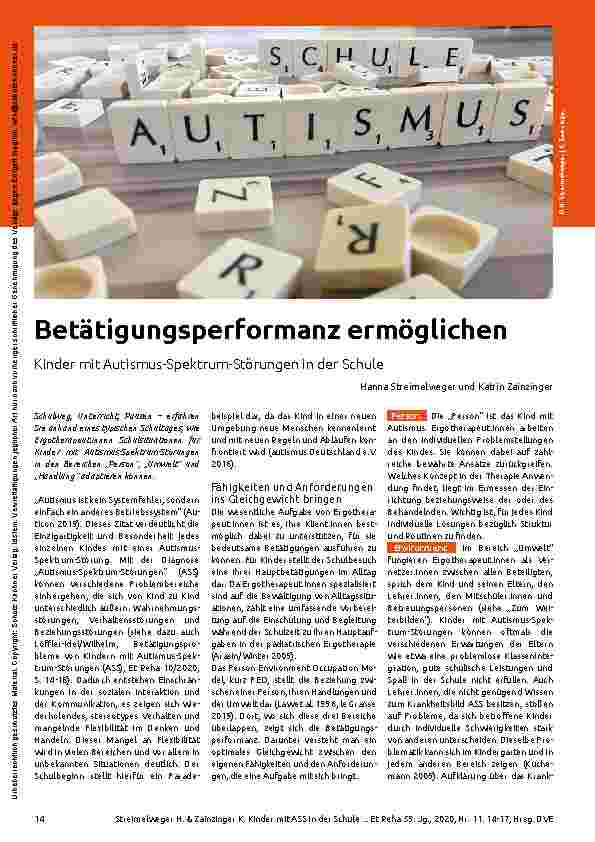 Vorschauseite 1: Betätigungsperformanz ermöglichen Kinder mit Autismus-Spektrum-Störungen in der Schule.