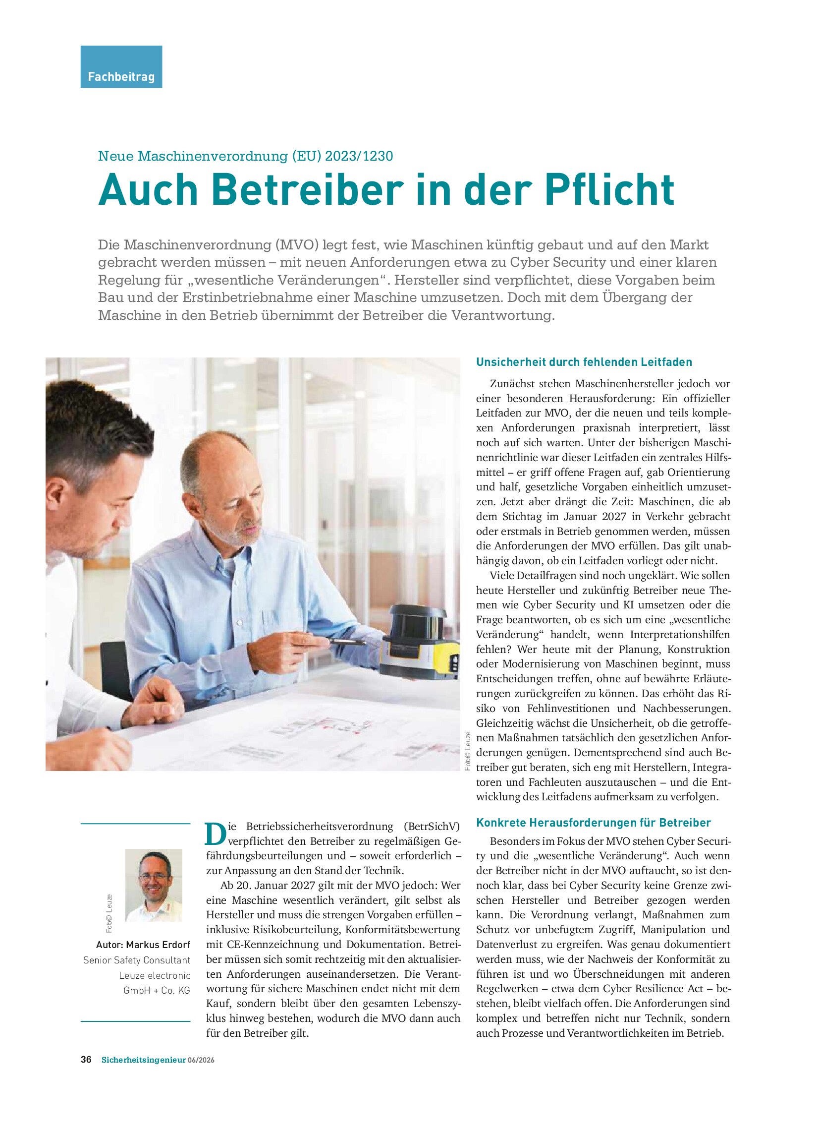 Vorschauseite 1: Neue Maschinenverordnung (EU) 2023/1230 – Auch Betreiber in der Pflicht