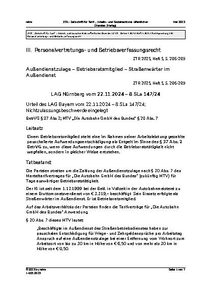 Vorschauseite 1: III. Personalvertretungsund Betriebsverfassungsrecht Außendienstzulage – Betriebsratsmitglied – Straßenwärter im Außendienst