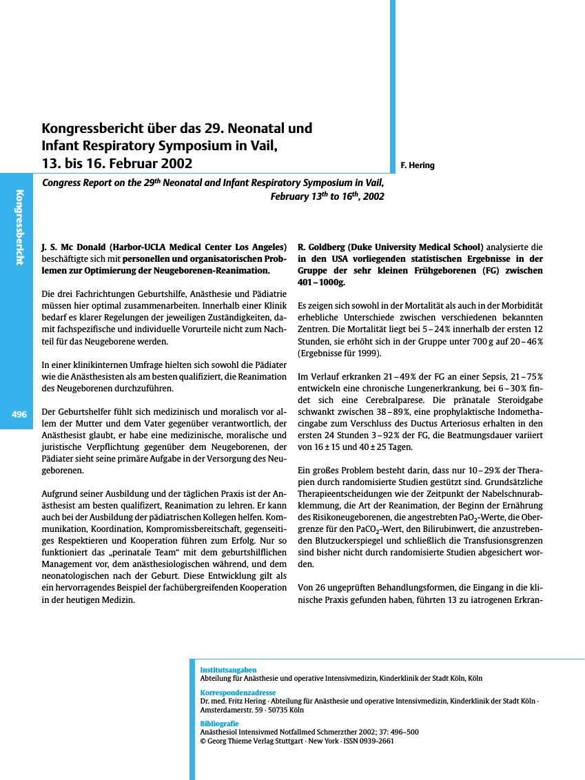 Vorschauseite 1: Kongressbericht über das 29. Neonatal und Infant Respiratory Symposium in Vail,13. bis 16. Februar 2002