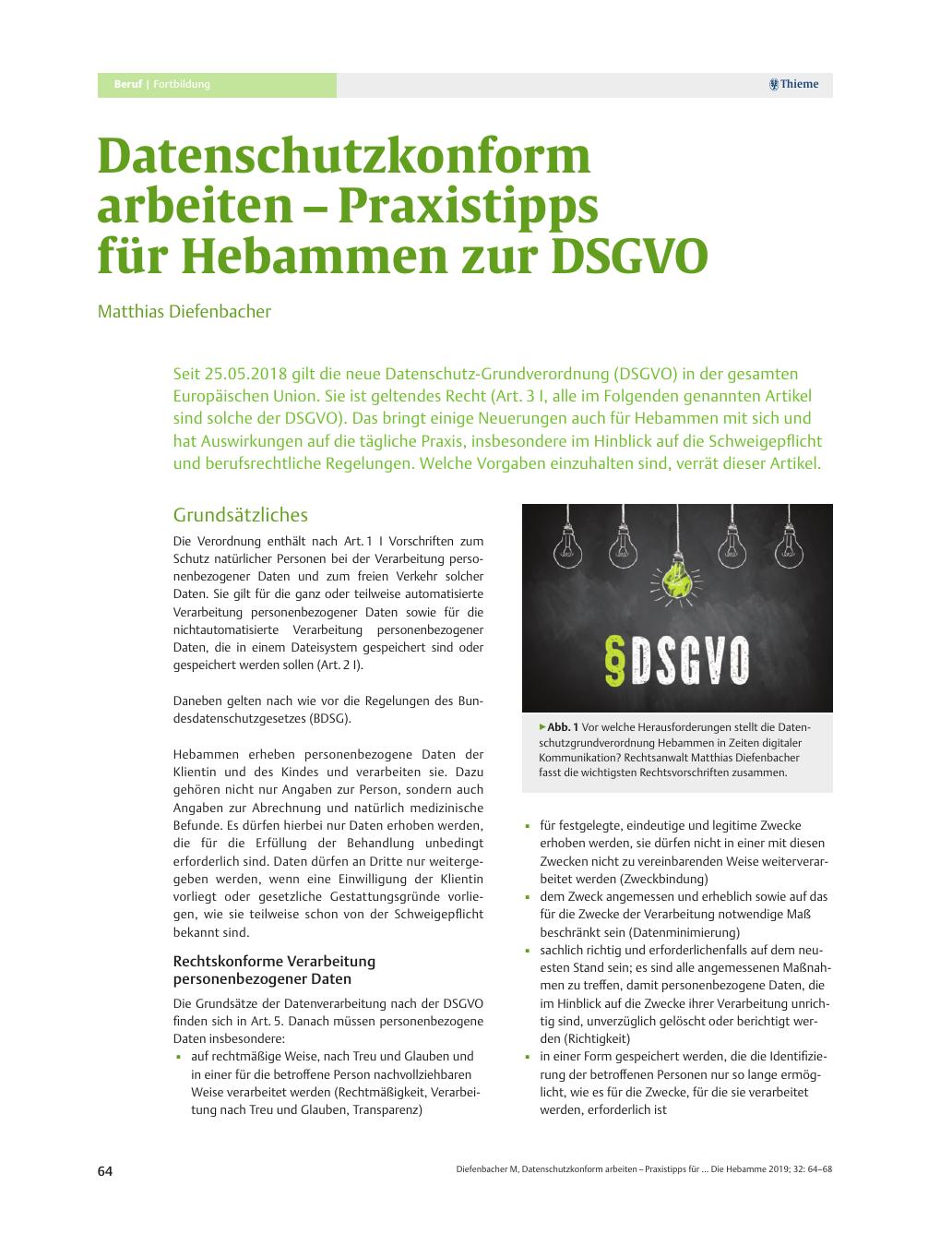 Vorschauseite 1: Datenschutzkonform arbeiten???Praxistipps für Hebammen zur DSGVO