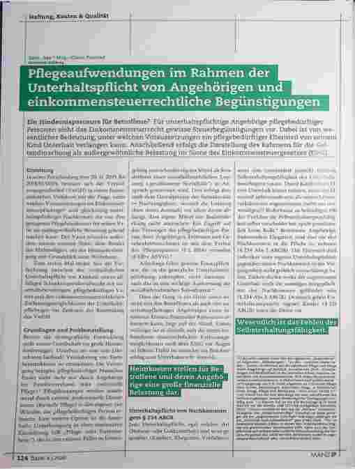 Vorschauseite 1: Pflegeaufwendungen im Rahmen der Unterhaltspflicht von Angehörigen und einkommensteuerrechtliche Begünstigungen