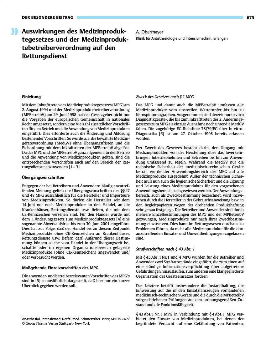 Vorschauseite 1: Auswirkungen des Medizinproduktegesetzes und der Medizinproduktebetreiberverordnung auf den Rettungsdienst