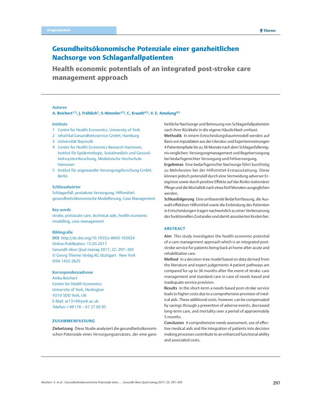 Vorschauseite 1: Gesundheitsökonomische Potenziale einer ganzheitlichen Nachsorge von Schlaganfallpatienten