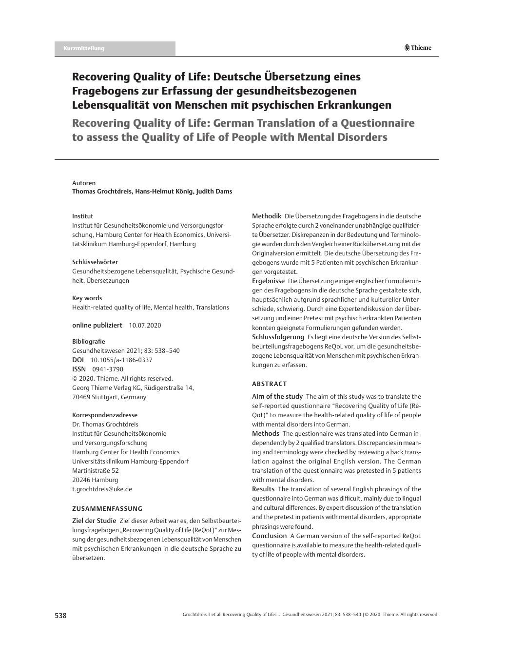 Vorschauseite 1: Recovering Quality of Life: Deutsche Übersetzung eines Fragebogens zur Erfassung der gesundheitsbezogenen Lebensqualität von Menschen mit psychischen Erkrankungen