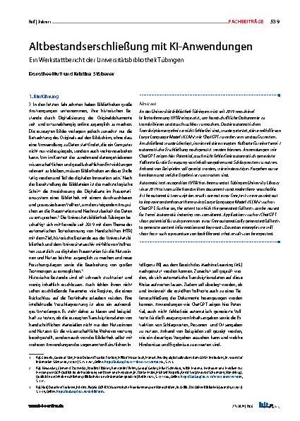 Vorschauseite 1: Altbestandserschließung mit KI-Anwendungen Ein Werkstattbericht der Universitätsbibliothek Tübingen