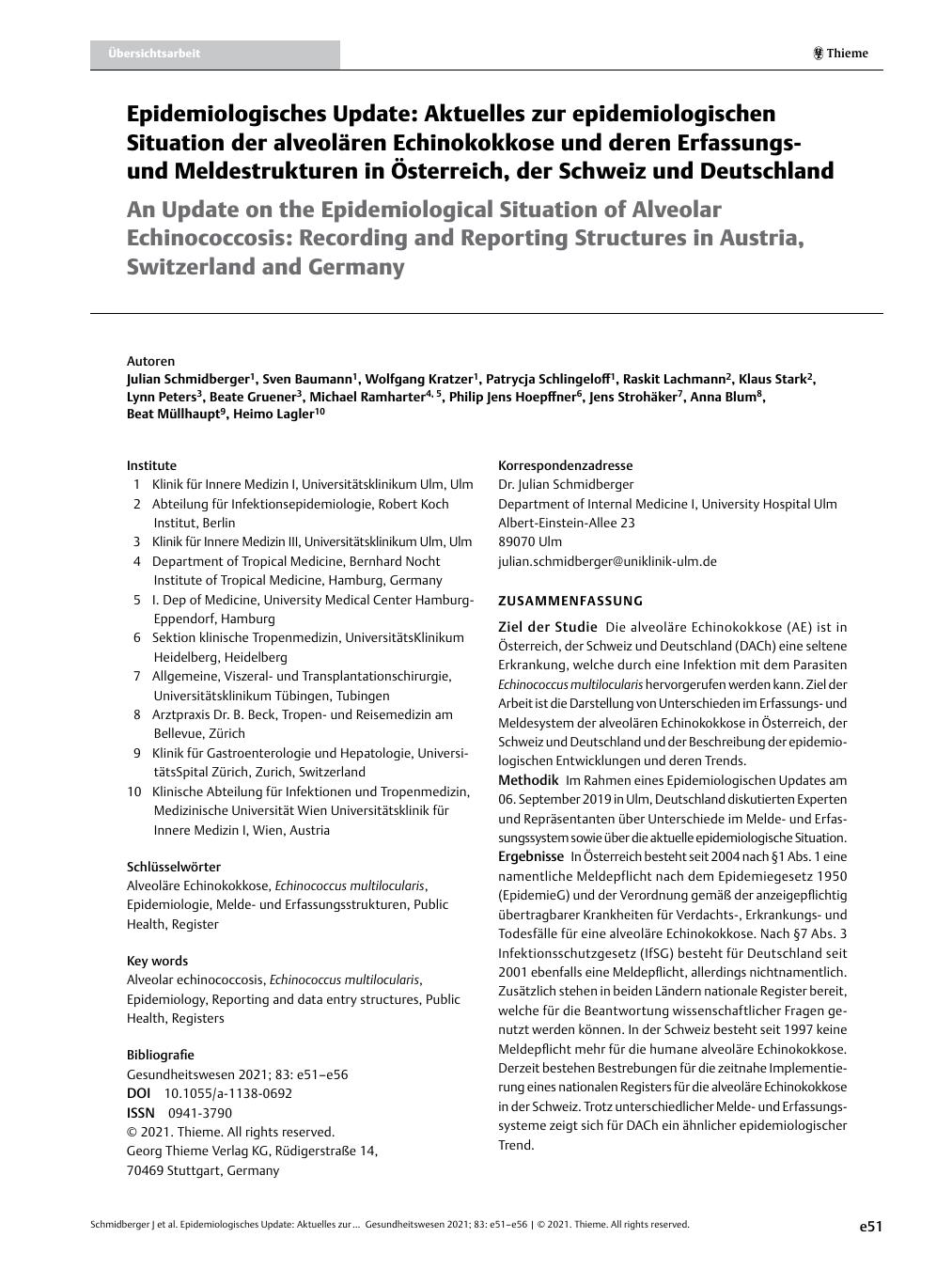 Vorschauseite 1: Epidemiologisches Update: Aktuelles zur epidemiologischen Situation der alveolären Echinokokkose und deren Erfassungsund Meldestrukturen in Österreich, der Schweiz und Deutschland.