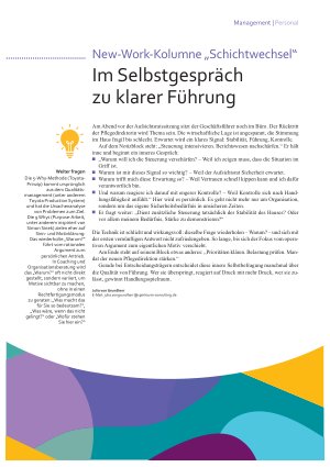 Vorschauseite 1: New-Work-Kolumne „Schichtwechsel“ Im Selbstgespräch zu klarer Führung