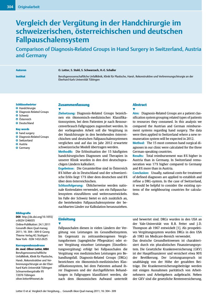 Vorschauseite 1: Vergleich der Vergütung in der Handchirurgie im schweizerischen, österreichischen und deutschen Fallpauschalensystem