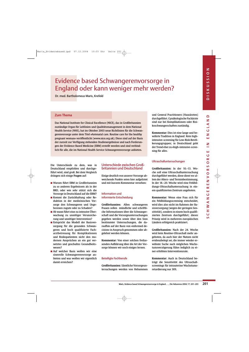 Vorschauseite 1: Evidence based Schwangerenvorsorge in England oder kann weniger mehr werden?