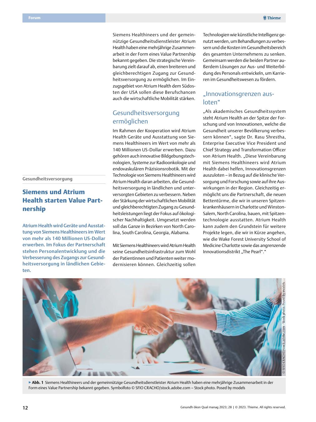 Vorschauseite 1: Gesundheitsversorgung - Siemens und Atrium Health starten Value Partnership