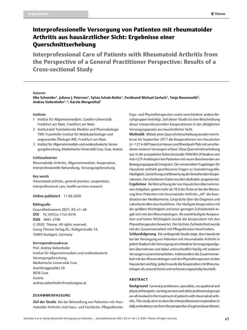 Vorschauseite 1: Interprofessionelle Versorgung von Patienten mit rheumatoider Arthritis aus hausärztlicher Sicht: Ergebnisse einer Querschnittserhebung