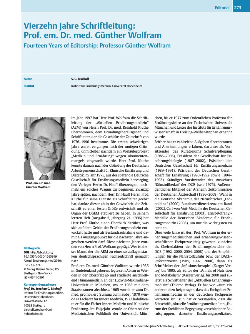 Vorschauseite 1: Vierzehn Jahre Schriftleitung: Prof. em. Dr. med. Günther Wolfram