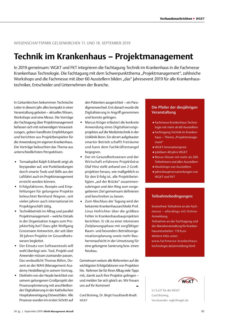 Vorschauseite 1: Wissenschaftspark Gelsenkirchen 17. und 18. September 2019: Technik im Krankenhaus – Projektmanagement