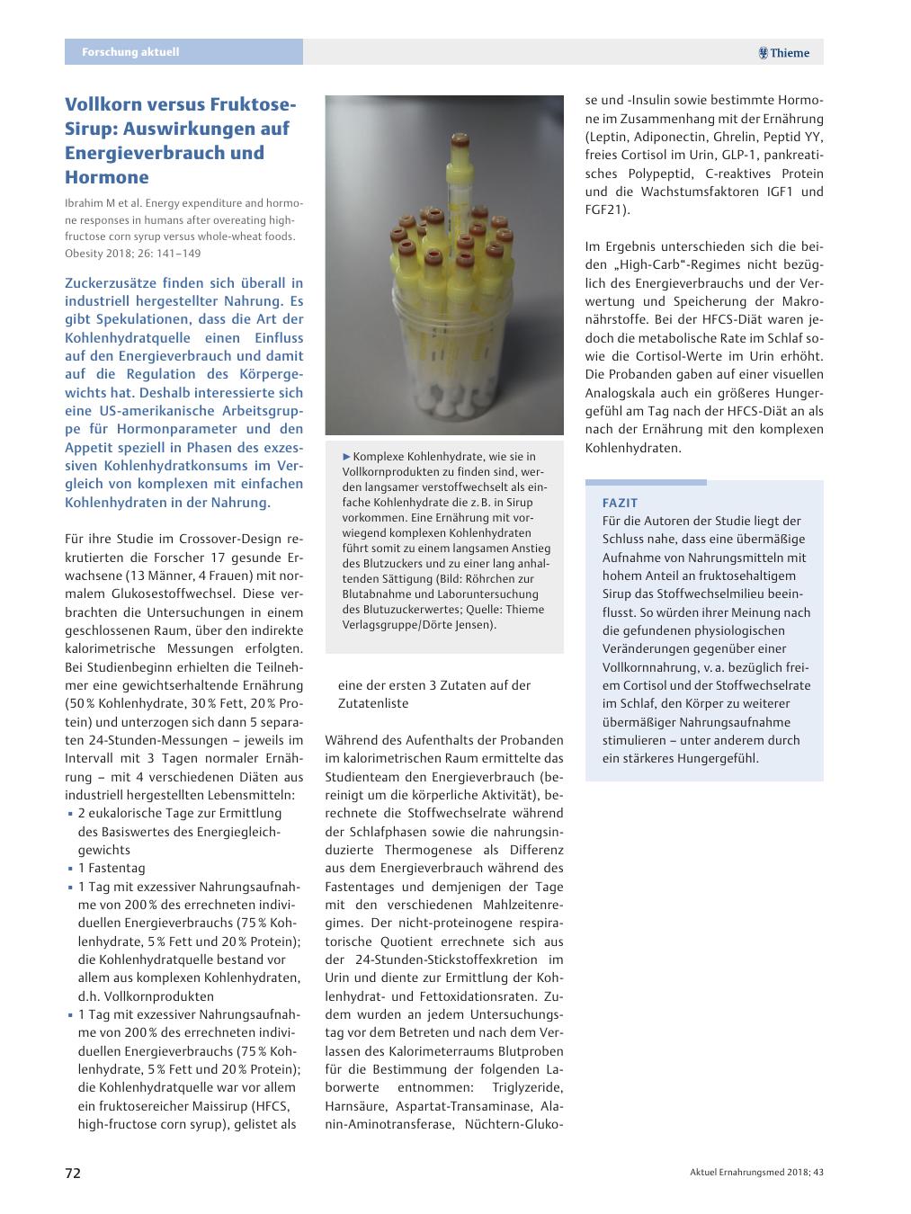 Vorschauseite 1: Vollkorn versus Fruktose-Sirup: Auswirkungen auf Energieverbrauch und Hormone