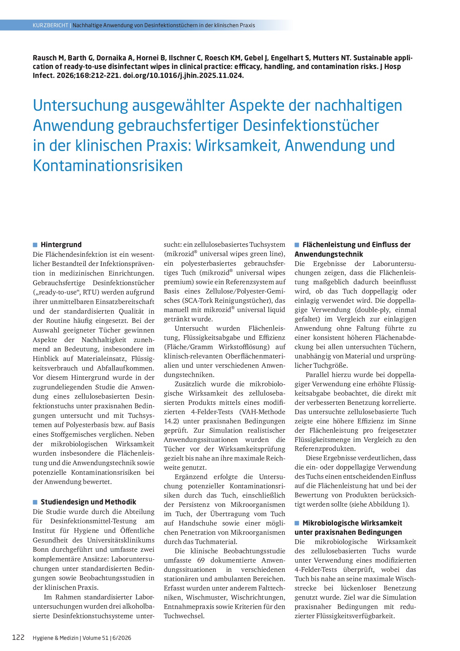 Vorschauseite 1: Untersuchung ausgewählter Aspekte der nachhaltigen Anwendung gebrauchsfertiger Desinfektionstücher in der klinischen Praxis: Wirksamkeit, Anwendung und Kontaminationsrisiken