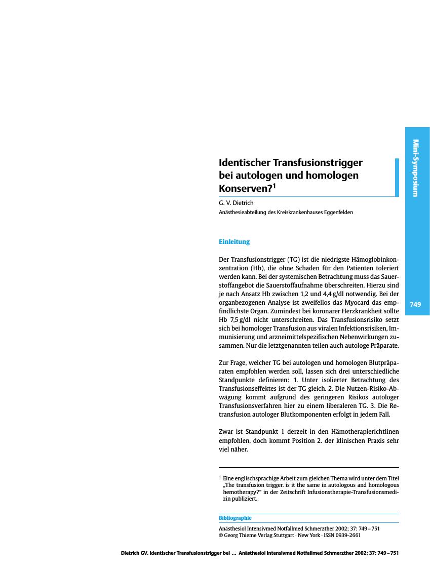 Vorschauseite 1: Identischer Transfusionstrigger bei autologen und homologen Konserven?