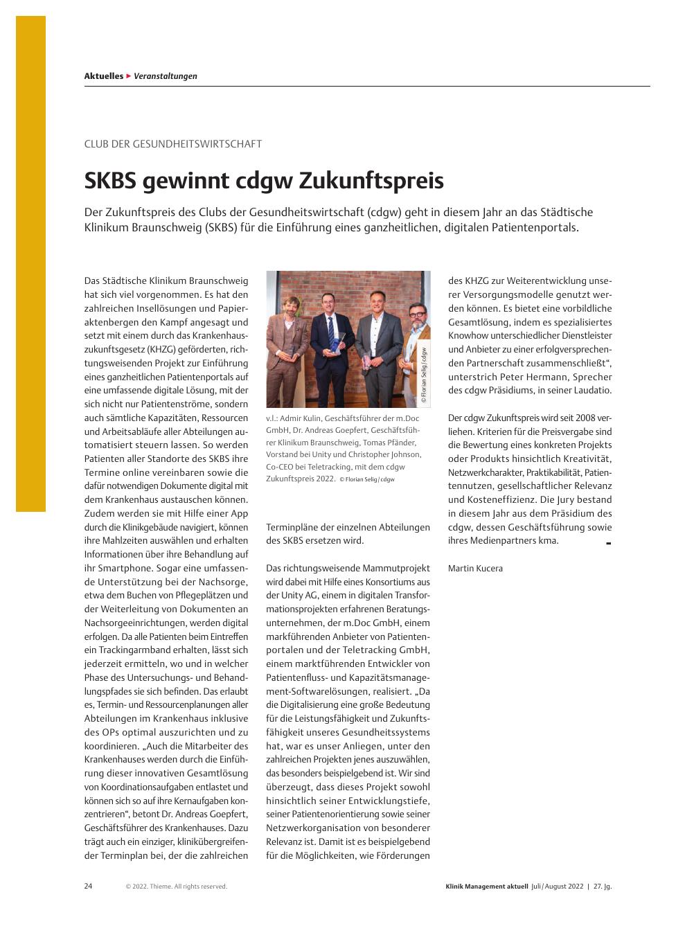 Vorschauseite 1: Club der Gesundheitswirtschaft: SKBS gewinnt CDGW Zukunftspreis