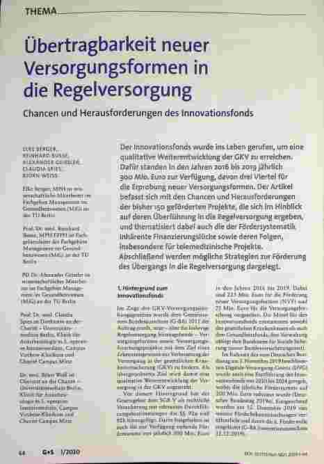 Vorschauseite 1: Übertragbarkeit neuer Versorgungsformen in die Regelversorgung: Chancen und Herausforderungen des Innovationsfonds