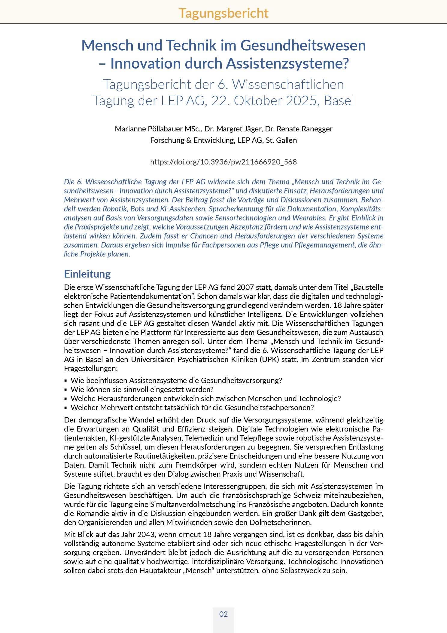 Vorschau: Mensch und Technik im Gesundheitswesen – Innovation durch Assistenzsysteme? Tagungsbericht der 6. Wissenschaftlichen Tagung der LEP AG, 22. Oktober 2025, Basel