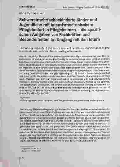 Vorschauseite 1: Schwerstmehrfach behinderte Kinder und Jugendliche mit intensivmedizinischem Pflegebedarf in Pflegeheimen - die spezifischen Aufgaben von Fachkräften und Besonderheiten im Umgang…