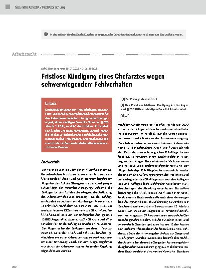 Vorschauseite 1: Fristlose Kündigung eines Chefarztes wegen schwerwiegendem Fehlverhalten