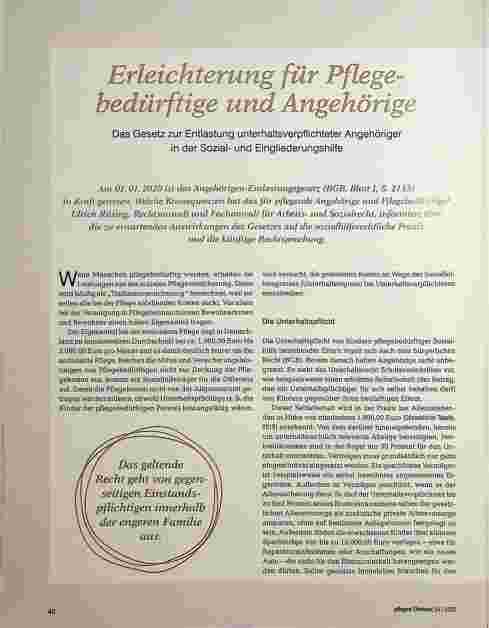Vorschauseite 1: Erleichterung für Pflegebedürftige und Angehörige. Das Gesetz zur Entlastung unterhaltsverpflichteter Angehöriger in der Sozialund Eingliederungshilfe.