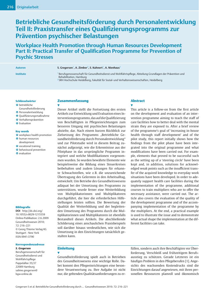 Vorschauseite 1: Betriebliche Gesundheitsförderung durch Personalentwicklung Teil II: Praxistransfer eines Qualifizierungsprogramms zur Prävention psychischer Belastungen
