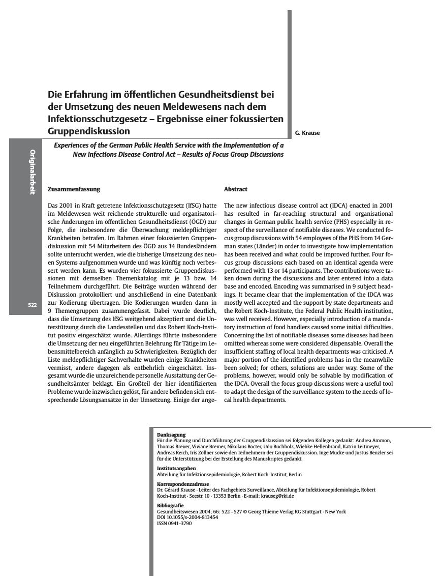 Vorschauseite 1: Die Erfahrung im öffentlichen Gesundheitsdienst bei der Umsetzung des neuen Meldewesens nach dem Infektionsschutzgesetz - Ergebnisse einer fokussierten Gruppendiskussion