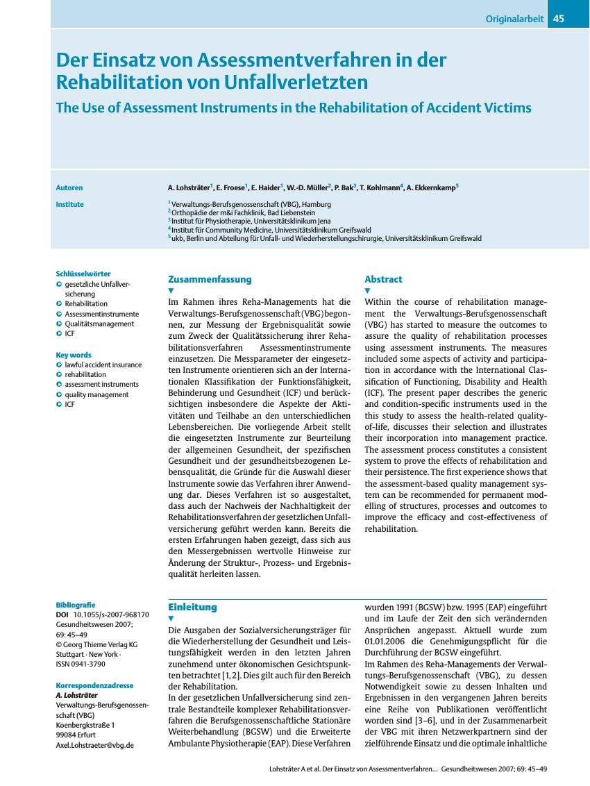 Vorschauseite 1: Der Einsatz von Assessmentverfahren in der Rehabilitation von Unfallverletzten