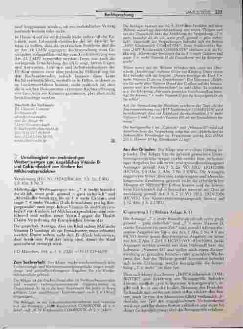 Vorschauseite 1: Unzulässigkeit von mehrdeutigen Werbeaussagen zum angeblichen Vitamin Dund Calciumbedarf von Kindern bei Milchersatzprodukten