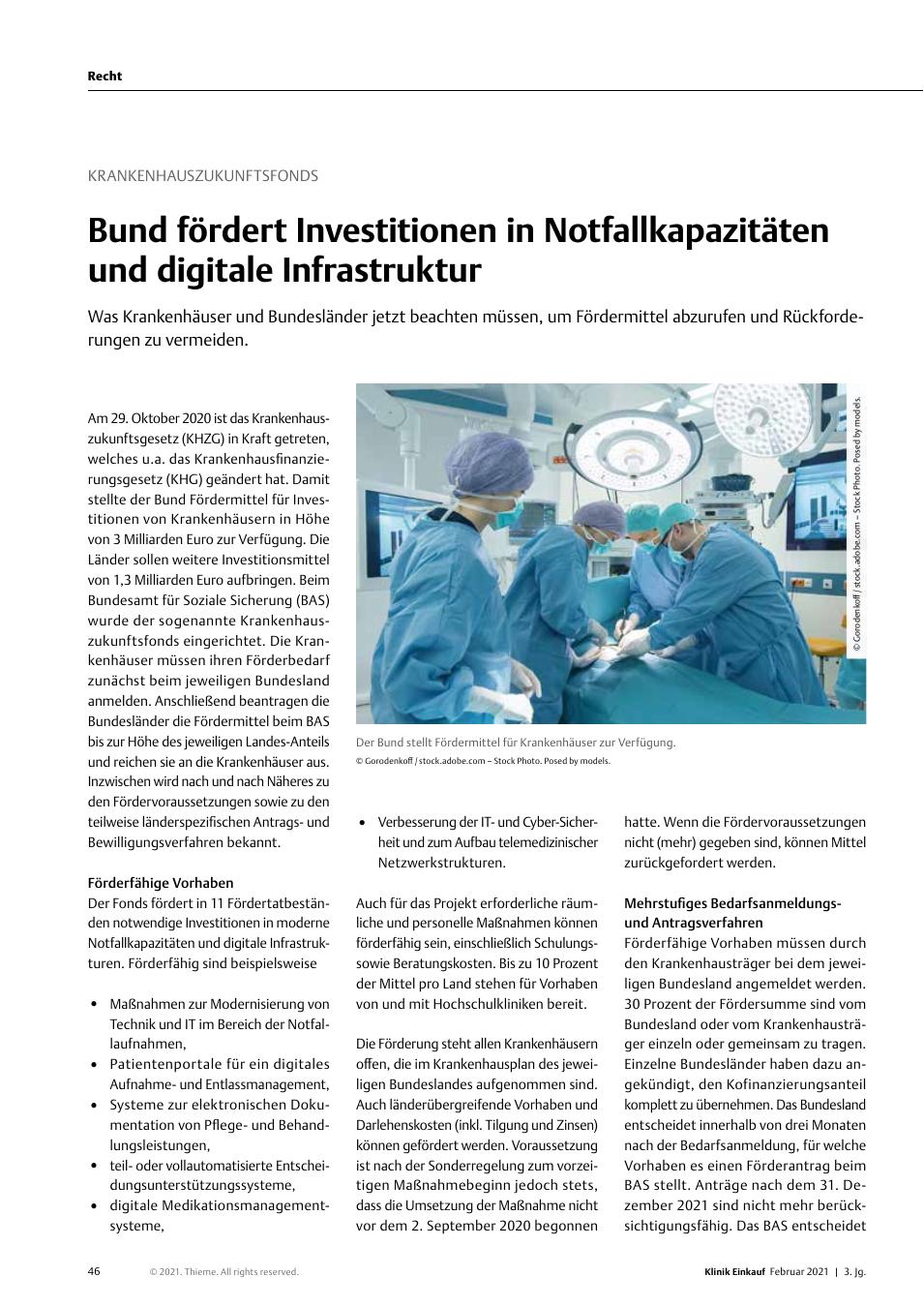 Vorschauseite 1: Krankenhauszukunftsfonds: Bund fördert Investitionen in Notfallkapazitäten und digitale Infrastruktur