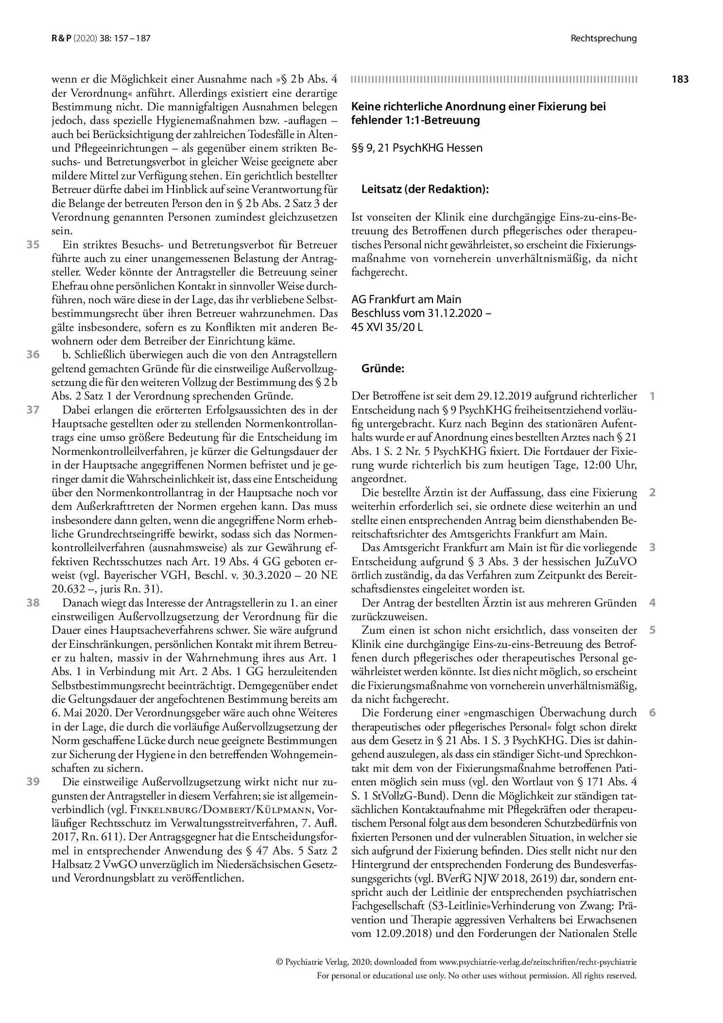 Vorschauseite 1: Keine richterliche Anordnung einer Fixierung bei fehlender 1:1-Betreuung