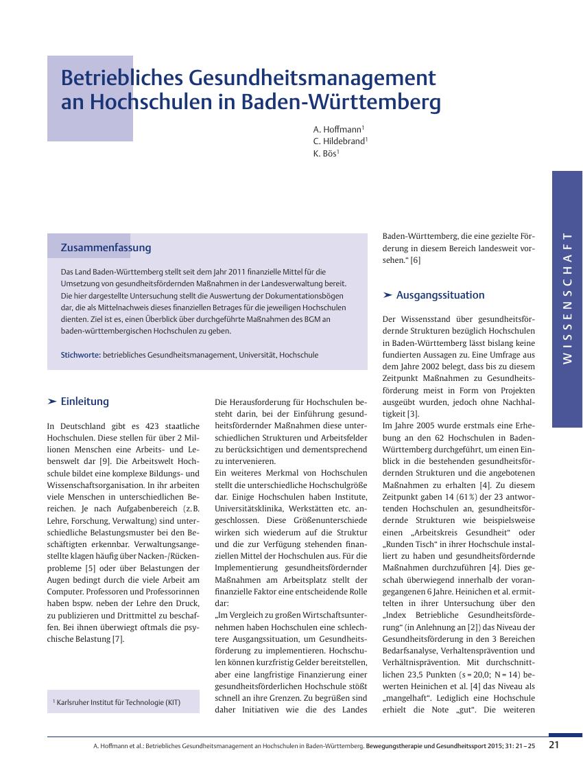 Vorschauseite 1: Betriebliches Gesundheitsmanagement an Hochschulen in Baden-Württemberg