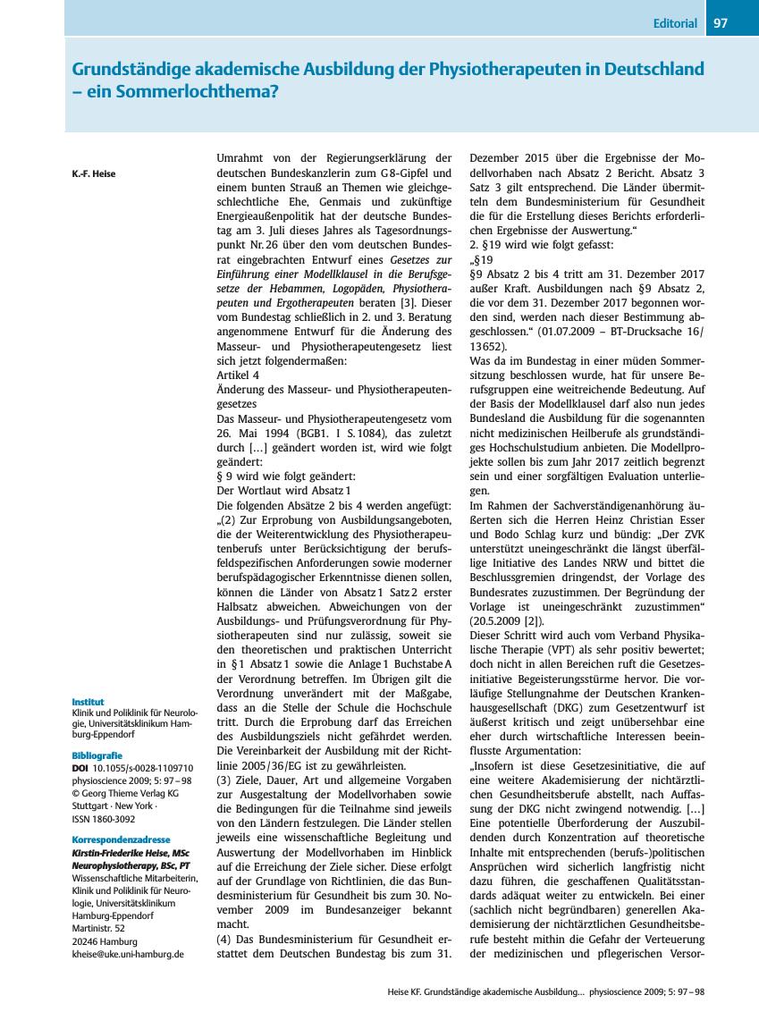 Vorschauseite 1: Grundständige akademische Ausbildung der Physiotherapeuten in Deutschland – ein Sommerlochthema?