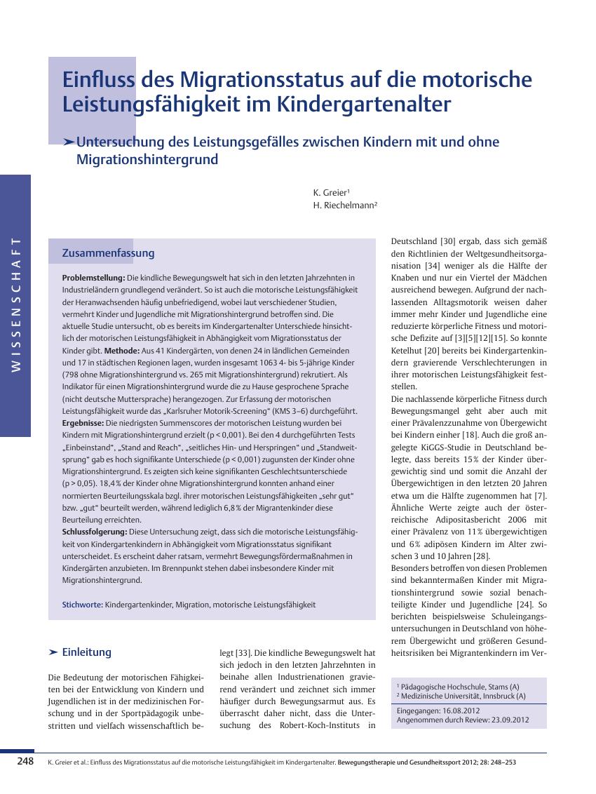 Vorschauseite 1: Einfluss des Migrationsstatus auf die motorische Leistungsfähigkeit im Kindergartenalter