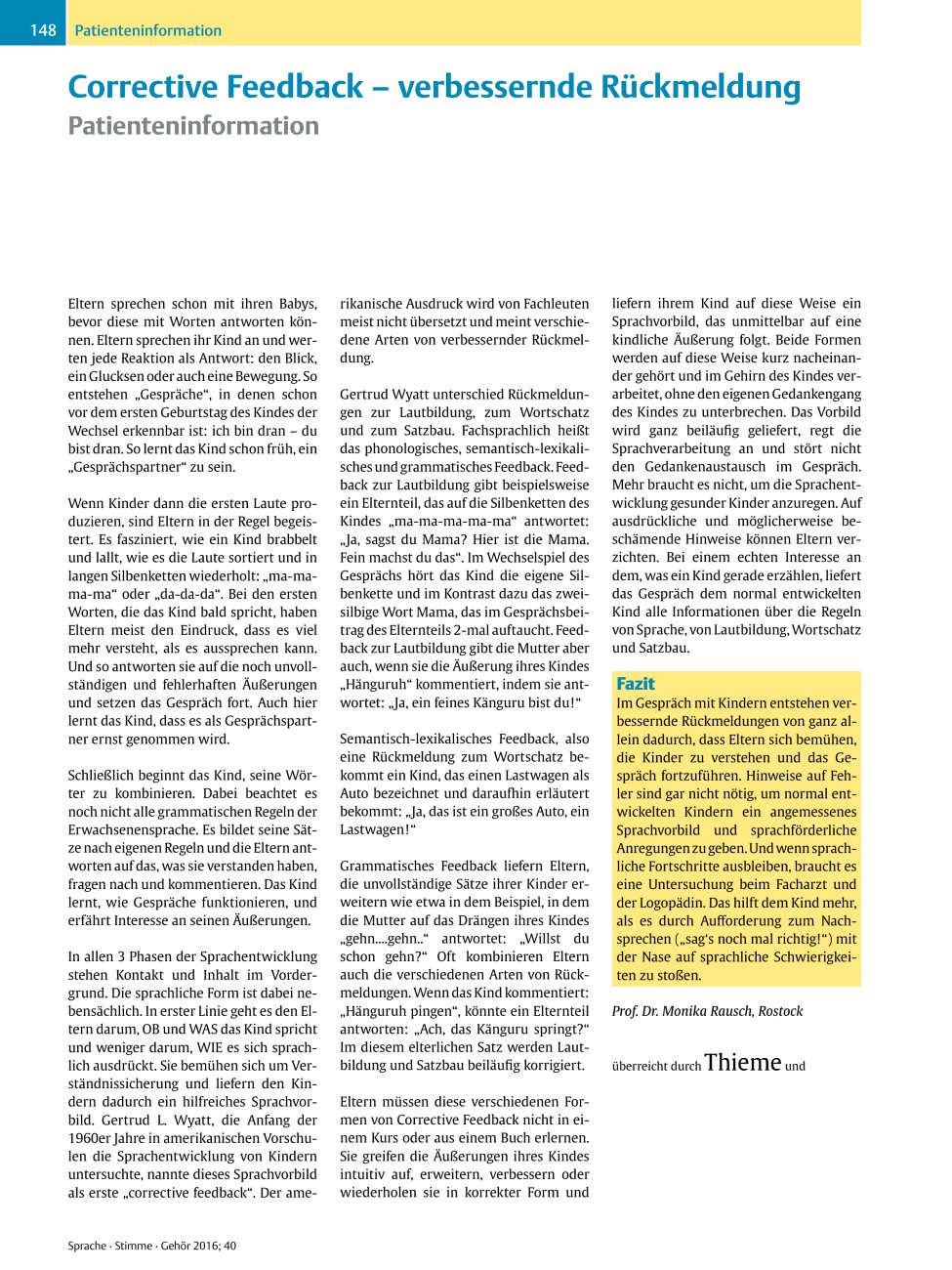 Vorschauseite 1: Corrective Feedback ? verbessernde Rückmeldung ? Patienteninformation