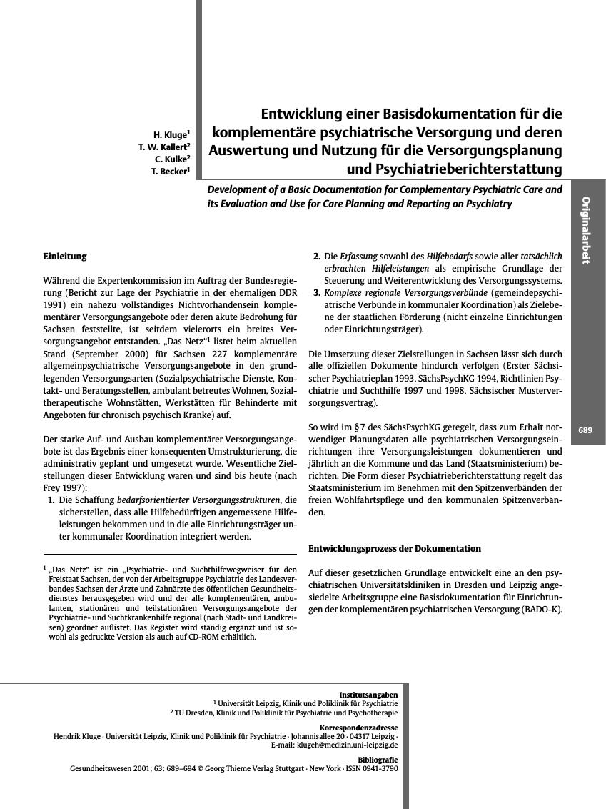 Vorschauseite 1: Entwicklung einer Basisdokumentation für die komplementäre psychiatrische Versorgung und deren Auswertung und Nutzung für die Versorgungsplanung und Psychiatrieberichterstattung