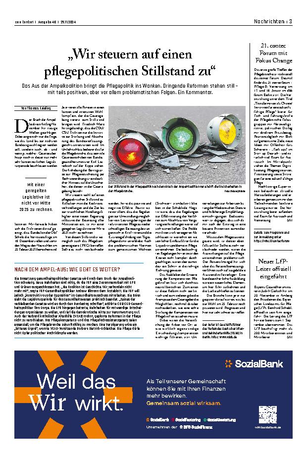 Vorschauseite 1: „Wir steuern auf einen pflegepolitischen Stillstand zu.“
