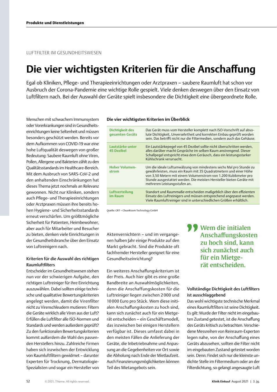 Vorschauseite 1: Luftfilter im Gesundheitswesen: Die vier wichtigsten Kriterien für die Anschaffung