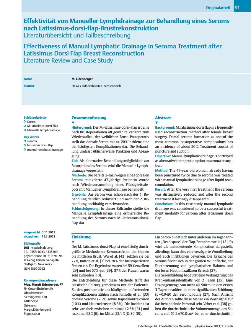 Vorschauseite 1: Effektivität von Manueller Lymphdrainage zur Behandlung eines Seroms nach Latissimus-dorsi-flap-Brustrekonstruktion