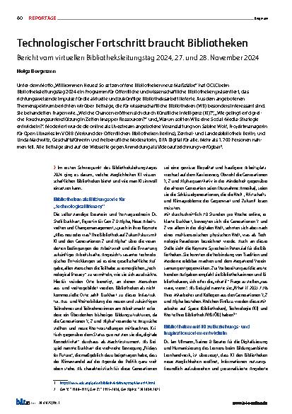 Vorschauseite 1: Technologischer Fortschritt braucht Bibliotheken Bericht vom virtuellen Bibliotheksleitungstag 2024, 27. und 28. November 2024