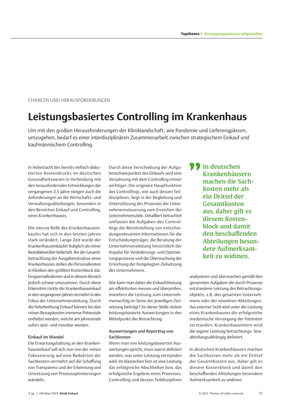 Vorschauseite 1: Chancen und Herausforderungen: Leistungsbasiertes Controlling im Krankenhaus