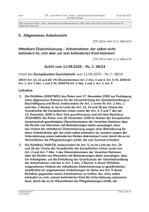 Vorschauseite 1: II. Allgemeines Arbeitsrecht Mittelbare Diskriminierung – Arbeitnehmer, der selbst nicht behindert ist, sich aber um sein behindertes Kind kümmert