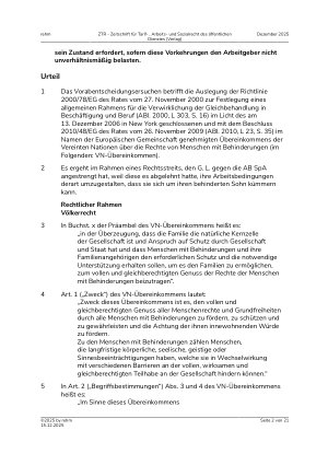 Vorschauseite 2: II. Allgemeines Arbeitsrecht Mittelbare Diskriminierung – Arbeitnehmer, der selbst nicht behindert ist, sich aber um sein behindertes Kind kümmert