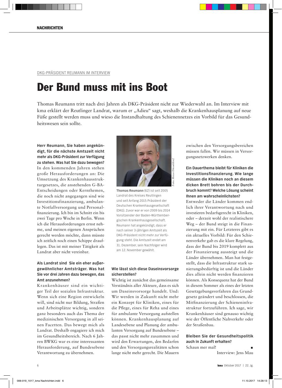 Vorschauseite 1: DKG-Präsident Reumann im Interview: Der Bund muss mit ins Boot