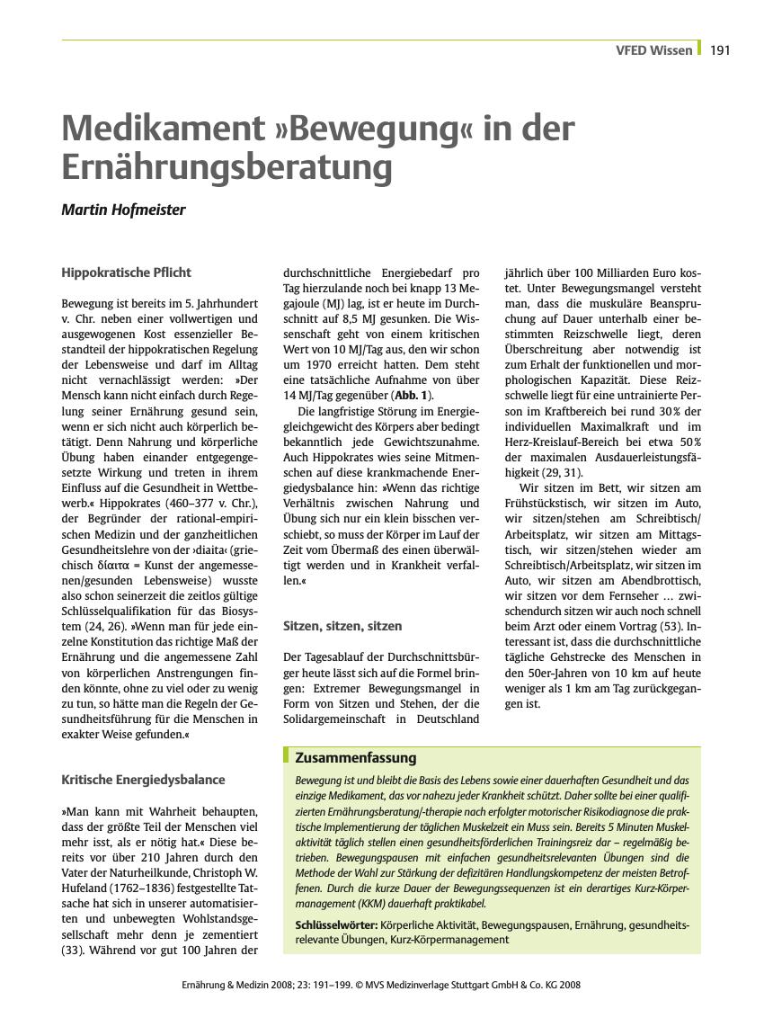 Vorschauseite 1: Medikament „Bewegung” in der Ernährungsberatung
